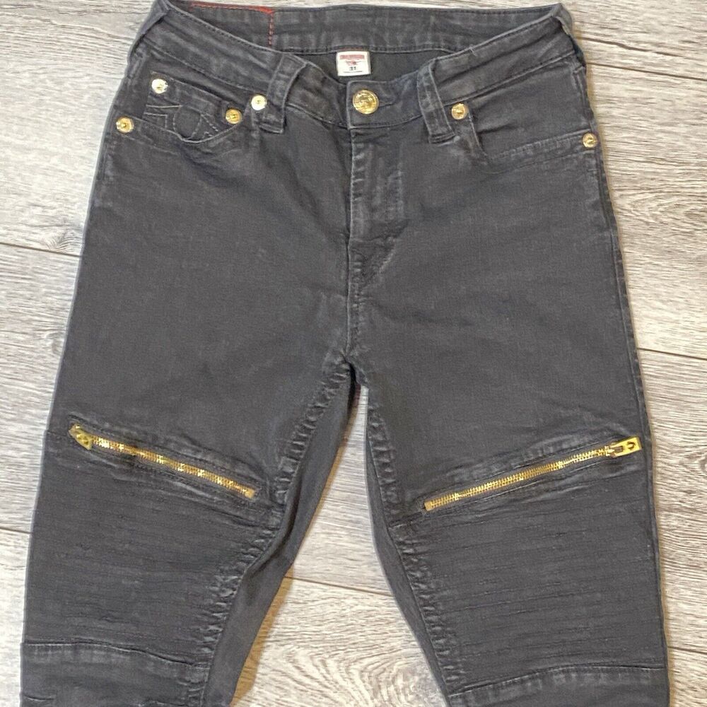 True Religion Womens 31 Moto Super Skinny Jeans Faded Black Zip Pockets Stretch - Picture 3 of 14
